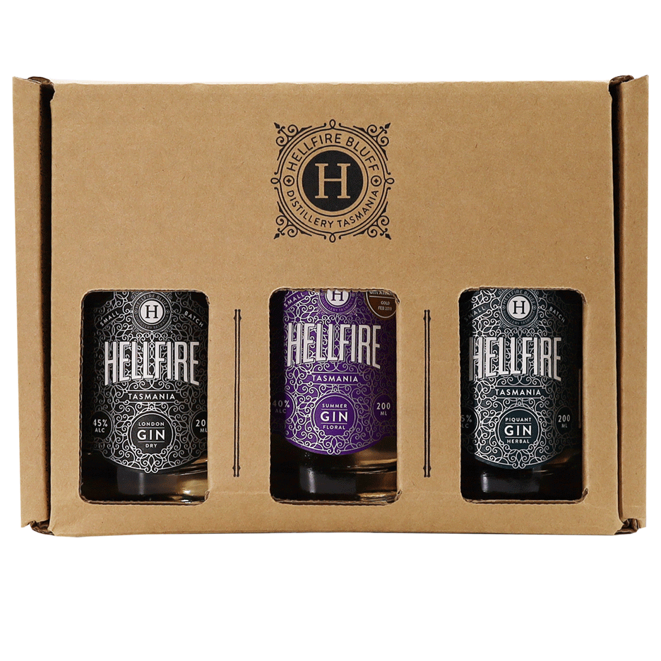 Hellfire Bluff Gin Gift Pack – 3 x 200ml Tasmanian Gins in Gift Box