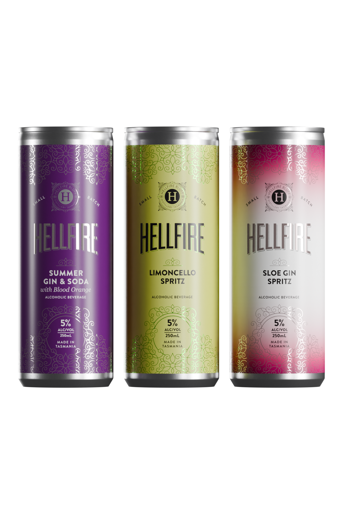 Hellfire Bluff 24pk Mixed Case RTDs ready to drink canned beverages including Sloe Gin Spritz, Limoncello Spritz and Summer Gin & Soda with blood orange