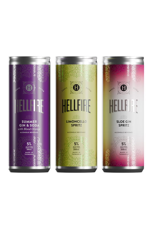 Hellfire Bluff 24pk Mixed Case RTDs ready to drink canned beverages including Sloe Gin Spritz, Limoncello Spritz and Summer Gin & Soda with blood orange
