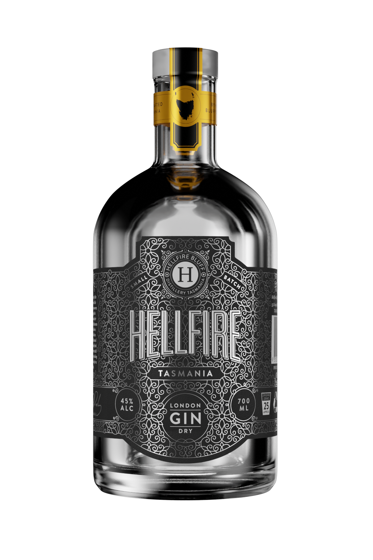 Bottle of award-winning London Dry Gin from Hellfire Bluff, classic juniper-forward Tasmanian gin