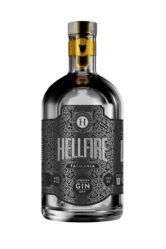 Bottle of award-winning London Dry Gin from Hellfire Bluff, classic juniper-forward Tasmanian gin