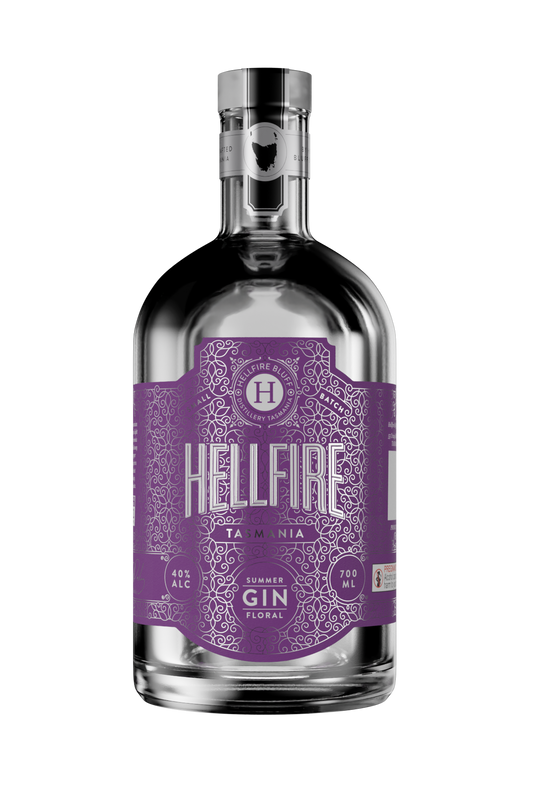 Bottle of Hellfire Bluff Summer Floral Gin – Tasmanian botanical gin with floral notes